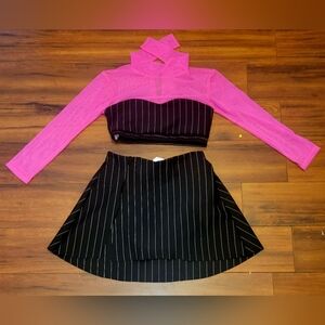 Girl's Chic Pink Sheer & Black Long Sleeve Top & Black Pin Striped Dance Costume